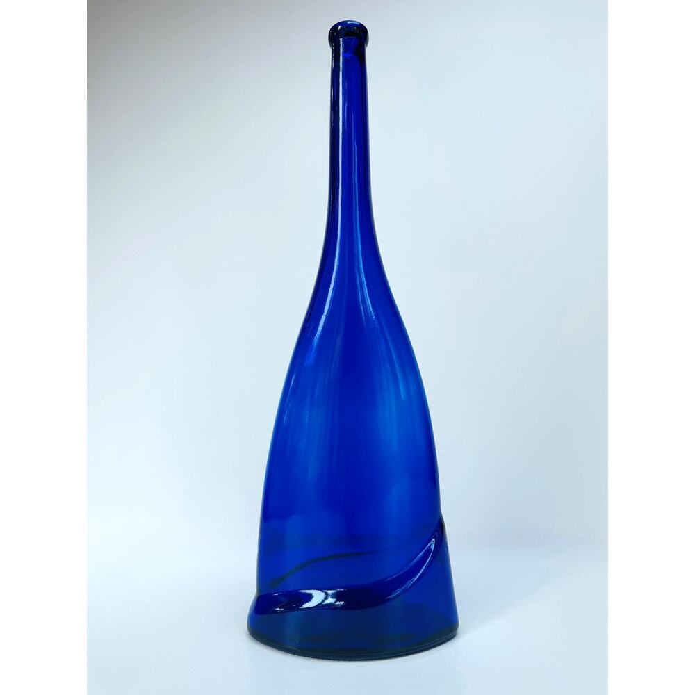 Vintage Cobalt Blue Flattened Glass Bottle Vase 19 Inch